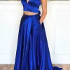 Royal Blue Satin A-line Prom Dress with Pockets