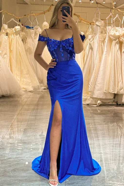 Royal Blue Sparkly Mermaid Off The Shoulder Long Prom Dress With Appliques