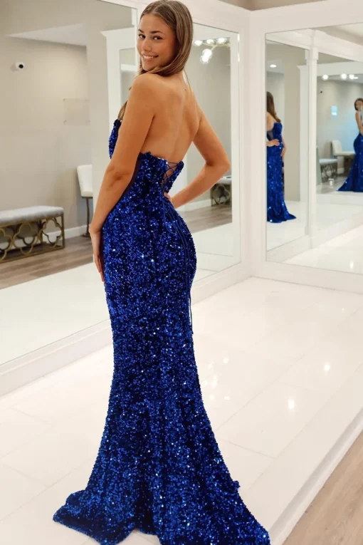 Royal Blue Sparkly Strapless Mermaid Prom Dress with Sequins