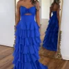 Royal Blue Sweetheart A-Line Tiered Long Prom Dress with Slit