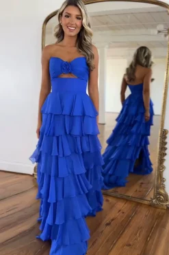 Royal Blue Sweetheart A-Line Tiered Long Prom Dress with Slit