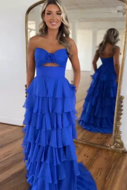 Royal Blue Sweetheart A-Line Tiered Long Prom Dress with Slit