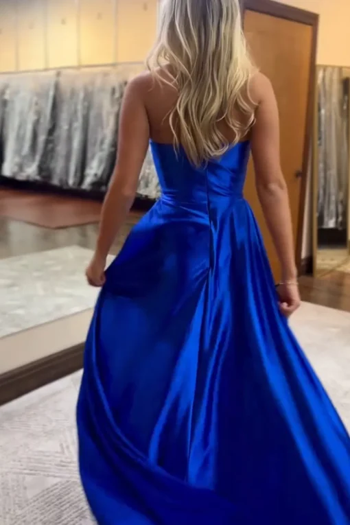 Royal Blue V Neck Mermaid Ruched Long Prom Dress with Slit
