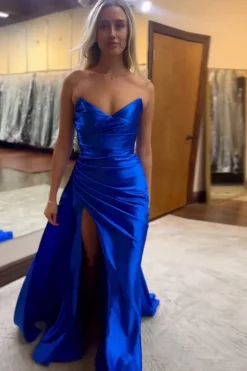 Royal Blue V Neck Mermaid Ruched Long Prom Dress with Slit