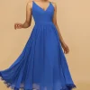 Royal Blue V-Neck Chiffon Bridesmaid Dress