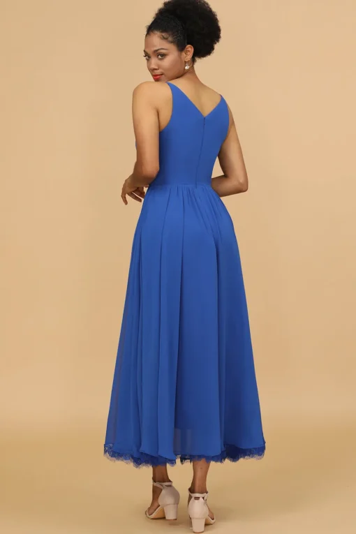 Royal Blue V-Neck Chiffon Bridesmaid Dress