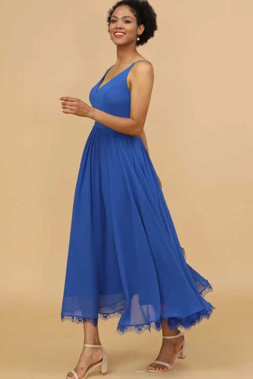 Royal Blue V-Neck Chiffon Bridesmaid Dress
