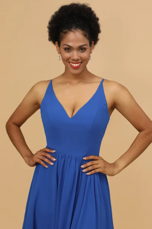 Royal Blue V-Neck Chiffon Bridesmaid Dress