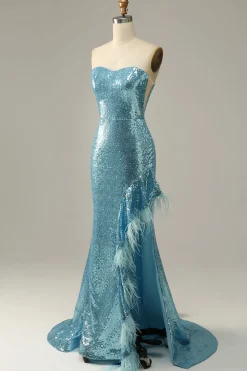 Sequin Feathers Strapless Prom Dress with Slit