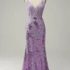 Sequin Purple Glitter Mermaid Prom Dress with Appliques
