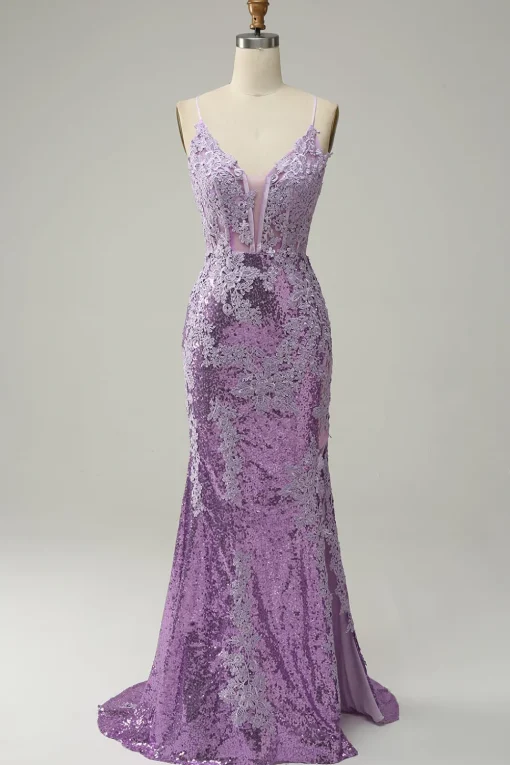 Sequin Purple Glitter Mermaid Prom Dress with Appliques