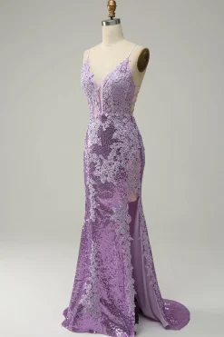 Sequin Purple Glitter Mermaid Prom Dress with Appliques