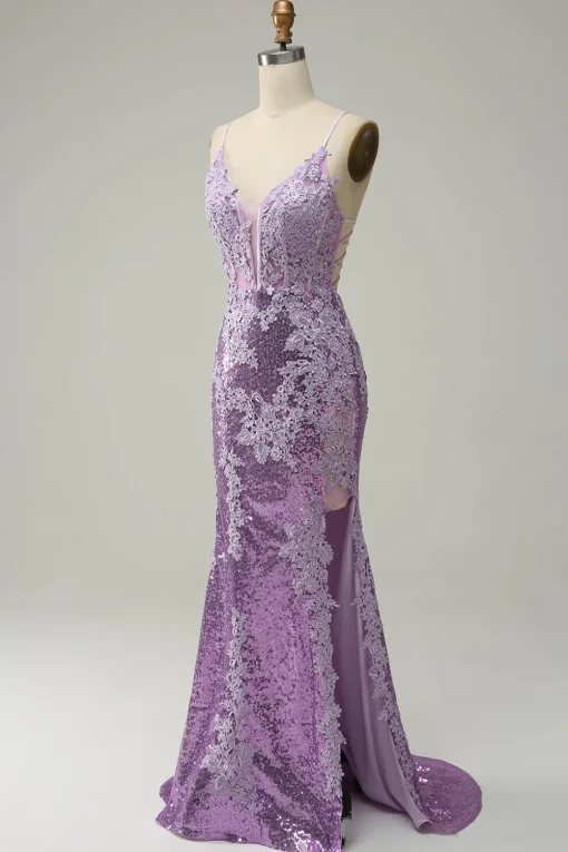 Sequin Purple Glitter Mermaid Prom Dress with Appliques