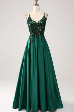Sequins Dark Green A-Line Spaghetti Straps Long Prom Dress