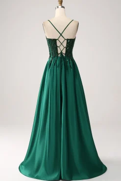 Sequins Dark Green A-Line Spaghetti Straps Long Prom Dress