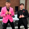 Shawl Lapel Pink Jacquard 2-Piece Prom Suits with One Button