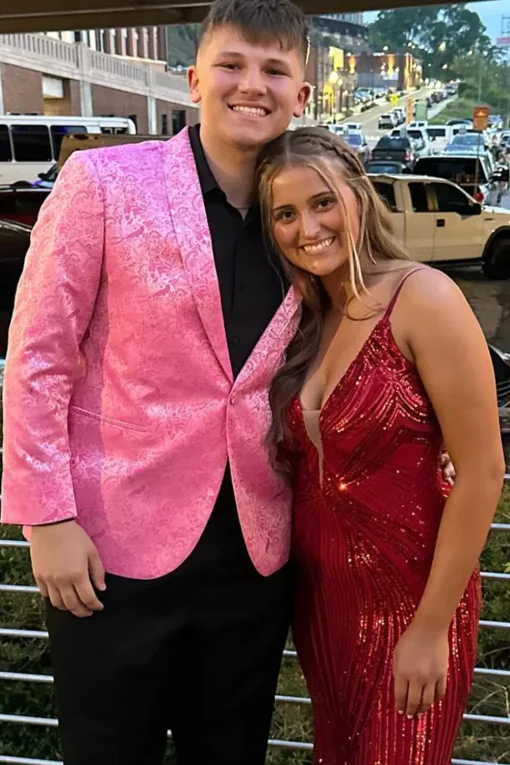 Shawl Lapel Pink Jacquard 2-Piece Prom Suits with One Button