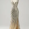Sheath Deep V Neck Golden Beaded Sparkly Prom Dress with Silt