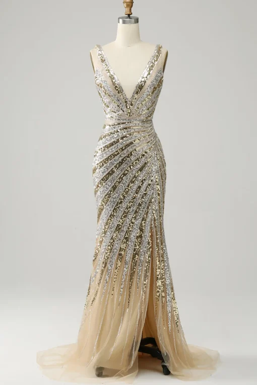 Sheath Deep V Neck Golden Beaded Sparkly Prom Dress with Silt