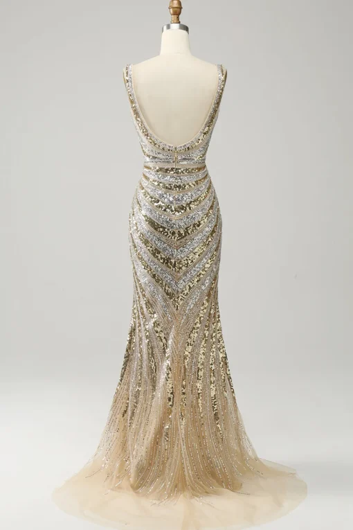 Sheath Deep V Neck Golden Beaded Sparkly Prom Dress with Silt