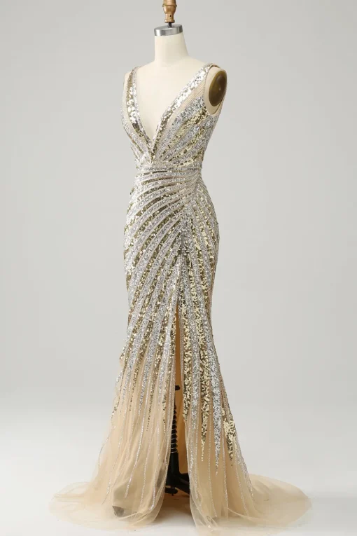 Sheath Deep V Neck Golden Beaded Sparkly Prom Dress with Silt