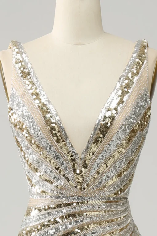 Sheath Deep V Neck Golden Beaded Sparkly Prom Dress with Silt