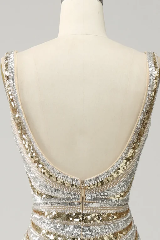 Sheath Deep V Neck Golden Beaded Sparkly Prom Dress with Silt