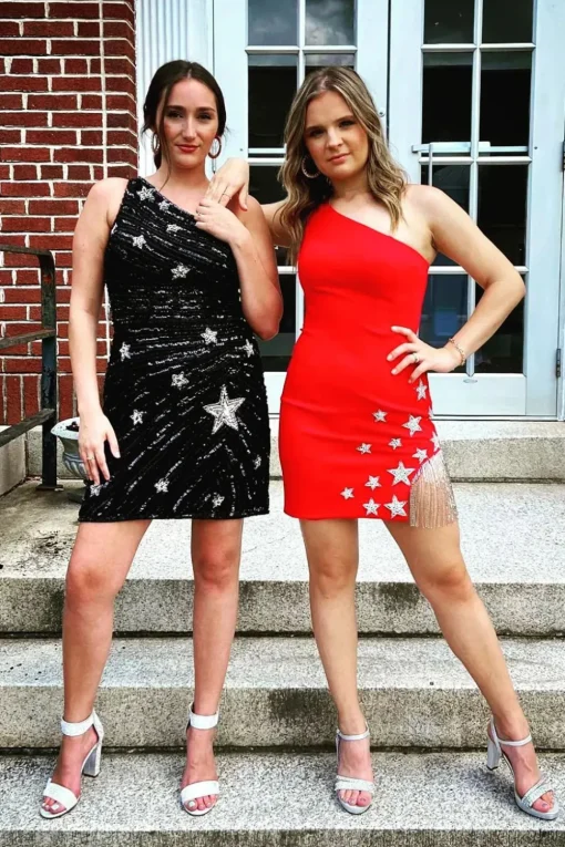 Sheath One Shoulder Black Sequins Short Homecoming Dress with Star