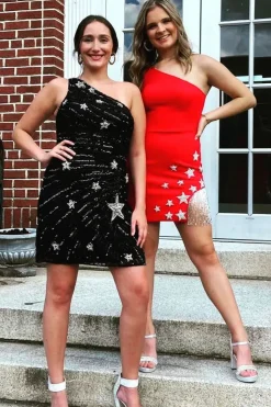 Sheath One Shoulder Black Sequins Short Homecoming Dress with Star