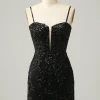 Sheath Spaghetti Straps Black Sequins Short Homecoming Dress with Criss Cross Back
