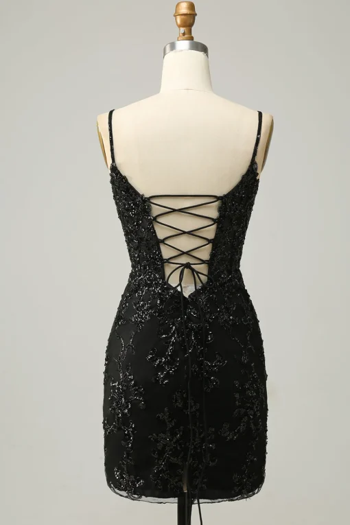 Sheath Spaghetti Straps Black Sequins Short Homecoming Dress with Criss Cross Back