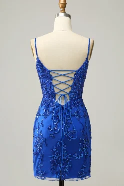 Sheath Spaghetti Straps Black Sequins Short Homecoming Dress with Criss Cross Back