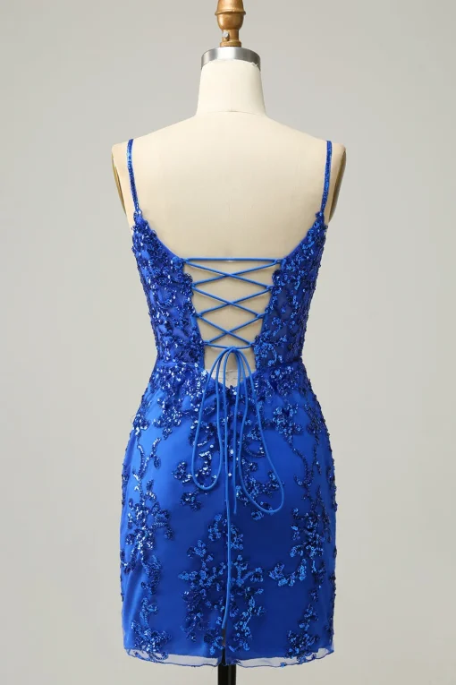 Sheath Spaghetti Straps Black Sequins Short Homecoming Dress with Criss Cross Back