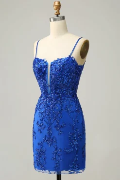 Sheath Spaghetti Straps Black Sequins Short Homecoming Dress with Criss Cross Back