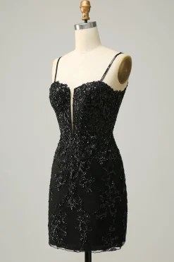 Sheath Spaghetti Straps Black Sequins Short Homecoming Dress with Criss Cross Back