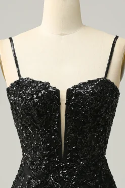 Sheath Spaghetti Straps Black Sequins Short Homecoming Dress with Criss Cross Back