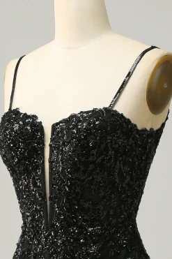 Sheath Spaghetti Straps Black Sequins Short Homecoming Dress with Criss Cross Back