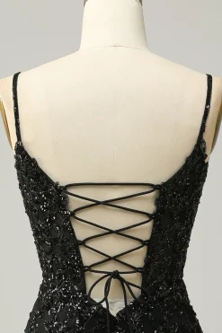 Sheath Spaghetti Straps Black Sequins Short Homecoming Dress with Criss Cross Back