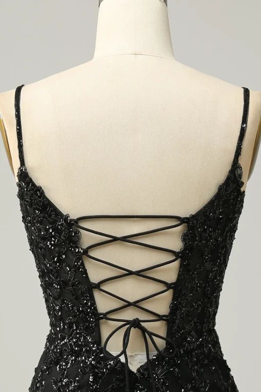 Sheath Spaghetti Straps Black Sequins Short Homecoming Dress with Criss Cross Back