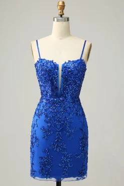 Sheath Spaghetti Straps Black Sequins Short Homecoming Dress with Criss Cross Back