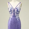 Sheath Spaghetti Straps Purple Sequins Short Graduation Dress