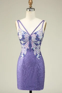 Sheath Spaghetti Straps Purple Sequins Short Graduation Dress