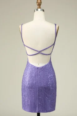 Sheath Spaghetti Straps Purple Sequins Short Graduation Dress