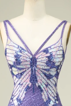 Sheath Spaghetti Straps Purple Sequins Short Graduation Dress