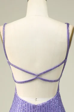 Sheath Spaghetti Straps Purple Sequins Short Graduation Dress