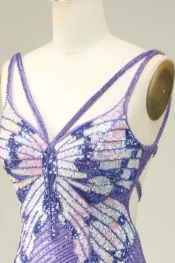 Sheath Spaghetti Straps Purple Sequins Short Graduation Dress