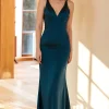 Sheath V Neck Peacock Blue Long Prom Dress with Criss Cross Back