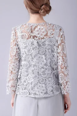 Silver Chiffon Pant and Lace Top Mother of The Bride Pant Suits