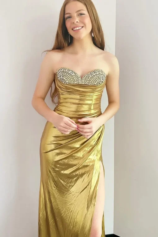 Silver Metallic Strapless Beaded Mermaid Long Prom Dress with Slit