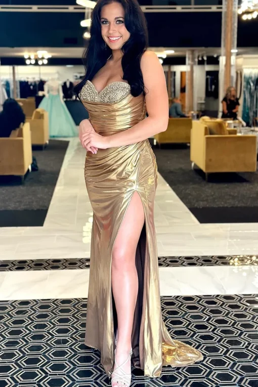 Silver Metallic Strapless Beaded Mermaid Long Prom Dress with Slit
